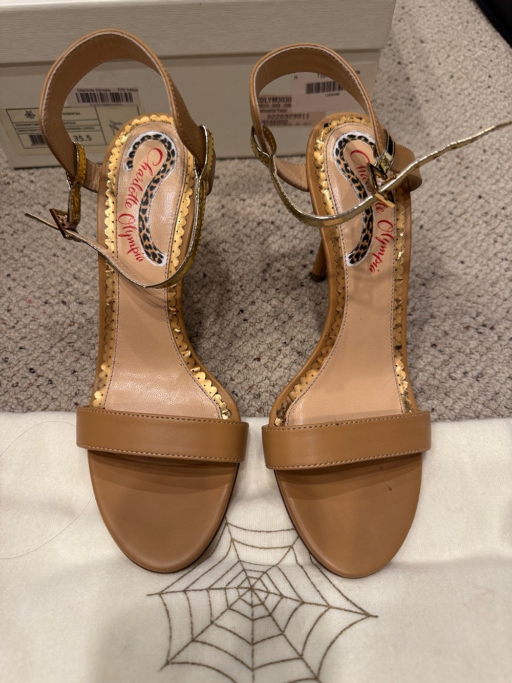 Charlotte Olympia Tan Leather Ankle-Strap Heels with Gold Accents